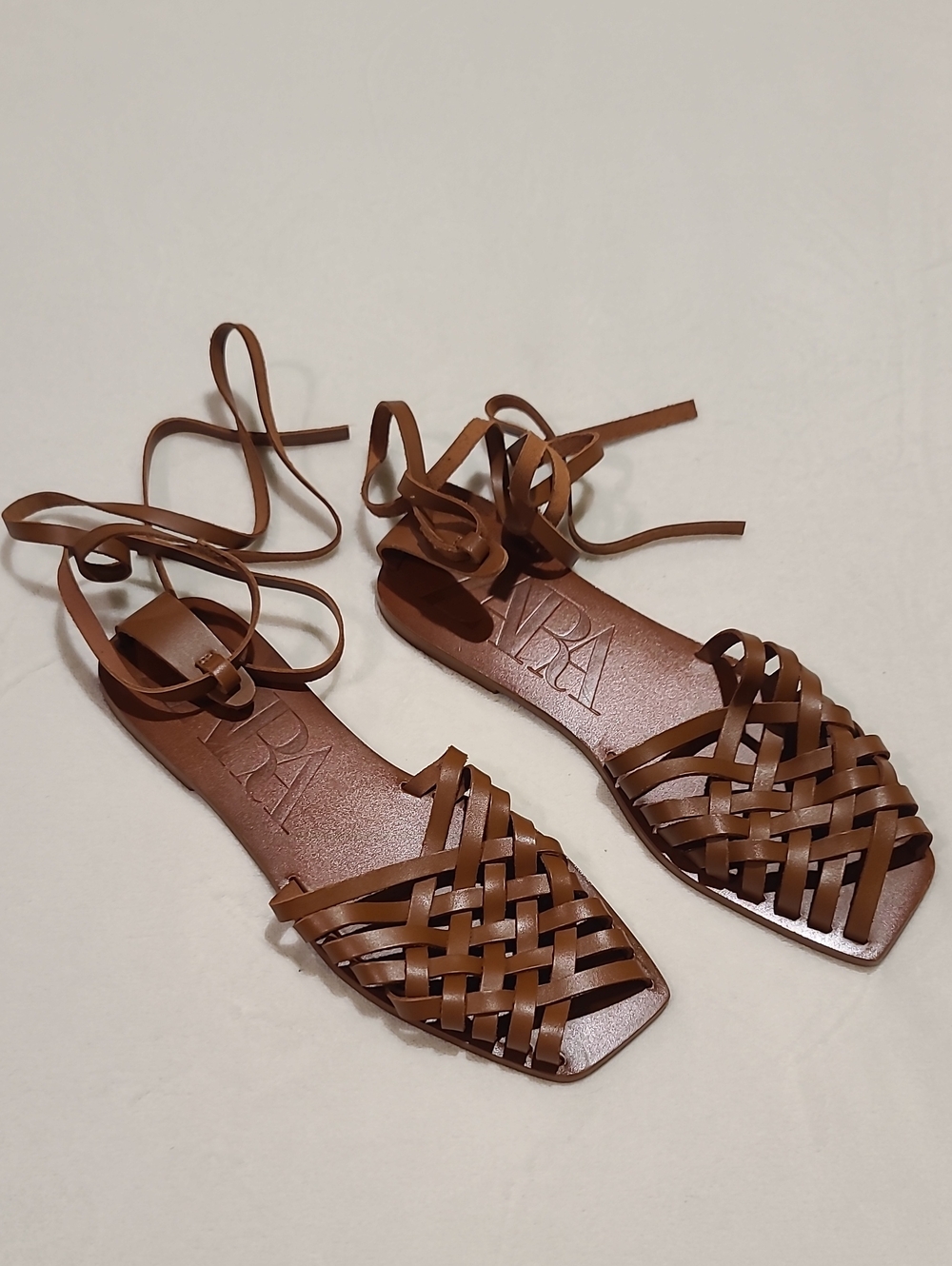 Zara Brown Woven Leather Lace-Up Sandals - Picture 4 of 7